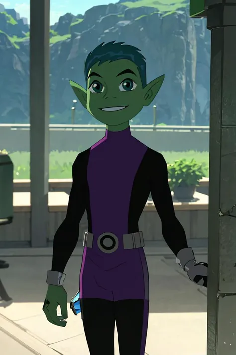 <lora:botw_style_offset:0.8>,((masterpiece,best quality)), absurdres, <lora:BeastBoy_TeenTitans:0.8>, BeastBoy_TeenTitans,   1boy, solo, green eyes, green hair, green skin, colored skin, pointy ears,  purple bodysuit, solo, smiling, looking at viewer, cowboy shot,