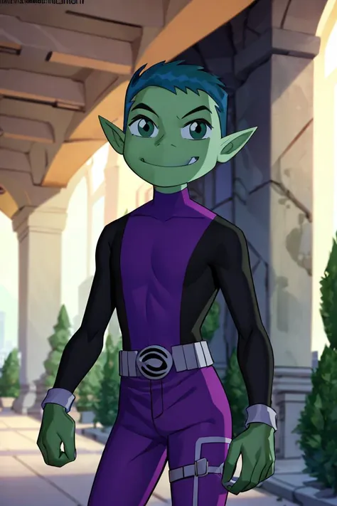 <lora:twistedscarlett60_style:0.8>,((masterpiece,best quality)), absurdres, <lora:BeastBoy_TeenTitans:0.8>, BeastBoy_TeenTitans,   1boy, solo, green eyes, green hair, green skin, colored skin, pointy ears,  purple bodysuit, solo, smiling, looking at viewer, cowboy shot,