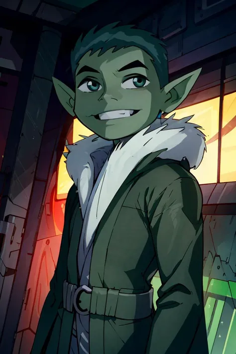 ((masterpiece,best quality)), absurdres, <lora:BeastBoy_TeenTitans:0.8>, BeastBoy_TeenTitans, 1boy, solo, green eyes, green hair, green skin, colored skin, pointy ears, solo, smiling, looking at viewer, cowboy shot, (fur coat:1.5), cowboy shot,