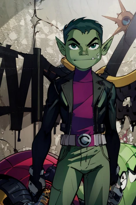 ((masterpiece,best quality)), absurdres, <lora:BeastBoy_Titans:0.8>, BeastBoy_Teenns, 1boy, solo, green eyes, green hair, green skin, colored skin, pointy ears, solo, smiling, looking at viewer, cowboy shot, leather jacket, leather pants, black jacket, fingerless gloves, biker clothes, spikes, multiple belts, shiny clothes, high collar, CONCEPT_graffiti_wall_ownwaifu, (graffiti:1.2), brick wall,<lora:CONCEPT_graffiti_wall_ownwaifu-15:1>