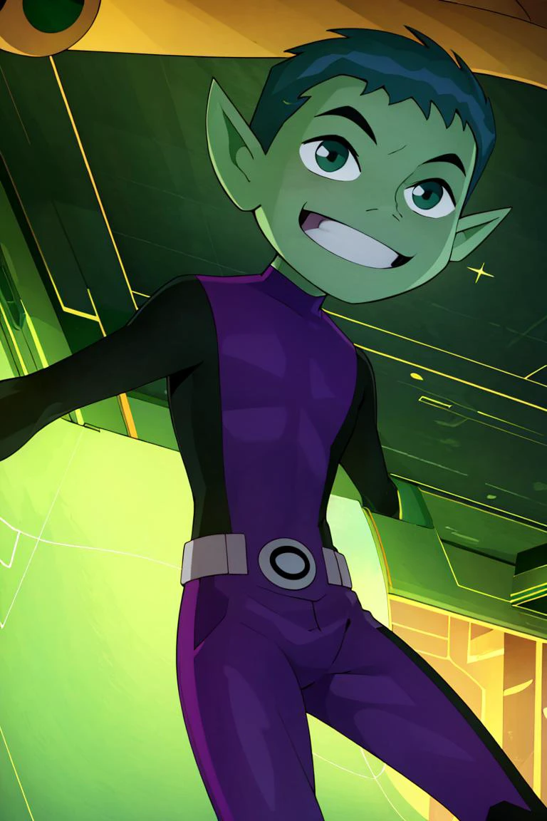 <lora:ricegnat_style:0.8>,((masterpiece,best quality)), absurdres, <lora:BeastBoy_TeenTitans:0.8>, BeastBoy_TeenTitans, 1boy, solo, green eyes, green hair, green skin, colored skin, pointy ears, purple bodysuit, solo, smiling, looking at viewer, cowboy shot,
