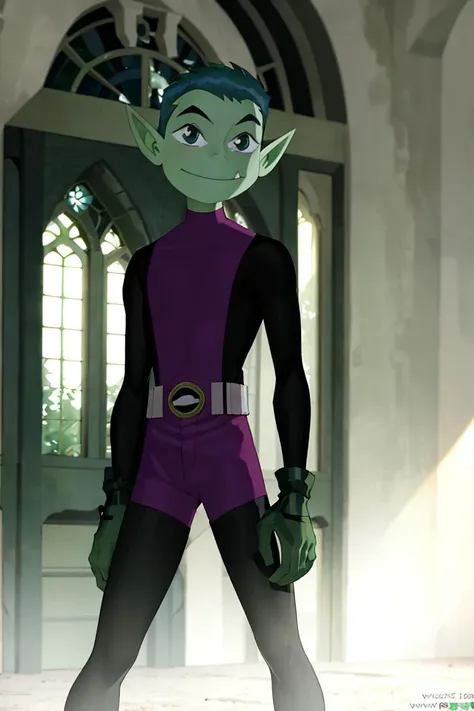 <lora:Puppypaww_Style:0.8>,((masterpiece,best quality)), absurdres, <lora:BeastBoy_TeenTitans:0.8>, BeastBoy_TeenTitans,   1boy, solo, green eyes, green hair, green skin, colored skin, pointy ears,  purple bodysuit, solo, smiling, looking at viewer, cowboy shot,