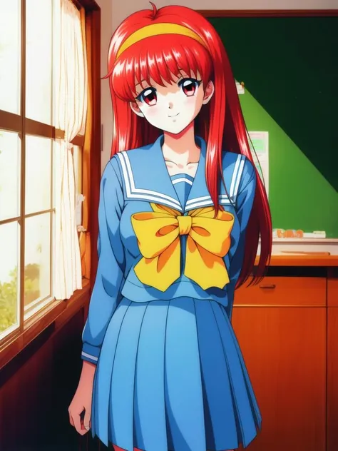 <lora:FujisakiShiori:1> FujisakiShiori, 1girl, solo, red hair, long hair,  hairband,   red eyes, yellow bow, school uniform, ãskirt,ãpleated skirt,ãserafuku,ãblue skirt, long sleeves,  large_breasts,
cowboy Shot, smile, blush, school in the room,
masterpiece, high quality, very_high_resolution, large_filesize, full color,