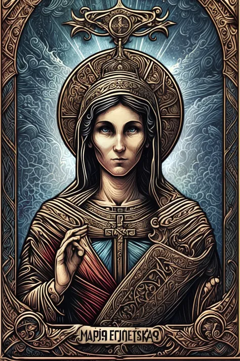 (JimJorCrafLogo art style:1.3), (by dan mumford style:1.2), vignette patterns, masterpiece, best quality, 8k, hyper details.
the (Orthodox Icon of the Sad and Charming Saint Mary of Egypt:1.1), Beautiful detailed eyes.