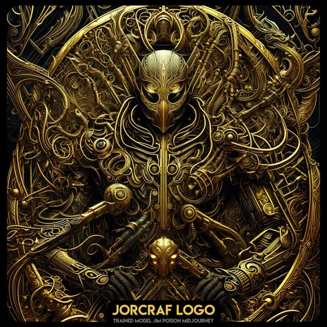 Game wallpaper from 2022 years, Please create the most unique logo depicting a cyborg made of black and gold metal alloy, against a background of exquisite patterns, and as stylized as possible, (Extreme aesthetics and symmetry:1.1), by (Dan Mumford style:1.2), (JimJorCrafLogo art style:1.3), <lora:more_details:0.75>
