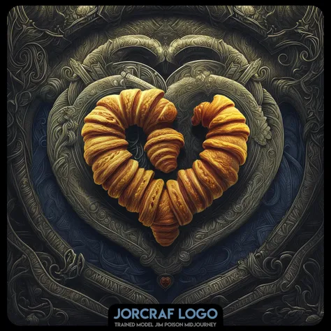 (A heart-shaped croissant:1.2), symmetrical artistic sharp art, dan mumford style, hdr, realism, dark fantasy atmosphere, lovecraft style, (JimJorCrafLogo art style:1.3), <lora:more_details:1.0>