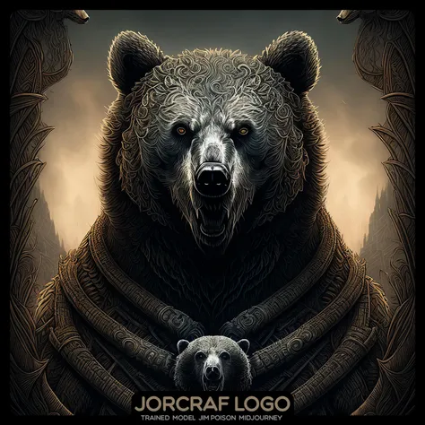 the (the angry bear head1.1) portrait, symmetrical artistic sharp art, dan mumford style, hdr, realism, dark fantasy atmosphere, lovecraft style, (JimJorCrafLogo art style1.3)
