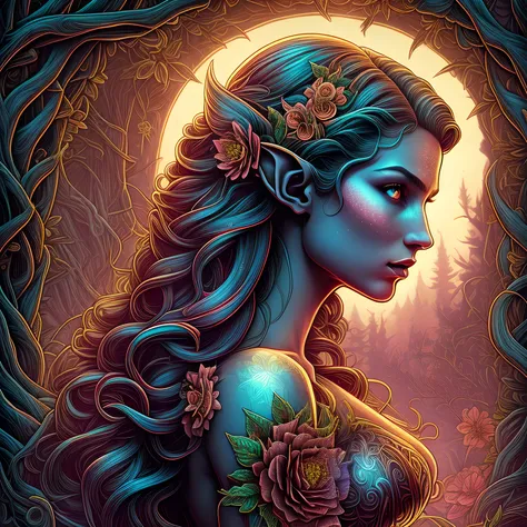 in profile (the beautiful majestic sexy elf woman one head with flowers in hair:1.1) portrait, dark forest, sunset, symmetrical artistic sharp art, dan mumford style, hdr, realism, dark fantasy atmosphere, lovecraft style, (JimJorCrafLogo art style:1.3), (close up view),