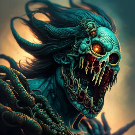 fantasy coverart style, nvinkpunk Detailed portrait, Front view the ((close up of face) portrait of one (Teal and Green) anatomically correct (Zombie:1.3) one head:1.1) portrait, octane render, 3d render, hyper realistic, magical subsurface scattering, Hasselblad Award Winner, (symmetrical artistic sharp art:1.2), (dan mumford style:1.1), hdr, realism, dark fantasy atmosphere, lovecraft style, (JimJorCrafLogo art style:1.3) concept-art, (Tyler Jacobson:1.3)