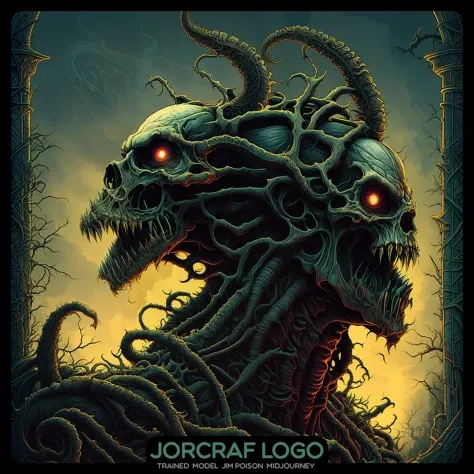 in profile the (the angry zombie one head:1.1) portrait, symmetrical artistic sharp art, dan mumford style, hdr, realism, dark fantasy atmosphere, lovecraft style, (JimJorCrafLogo art style:1.3)