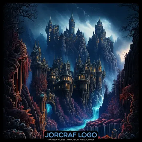 (the Create a fantasy landscape featuring a majestic castle atop a mountain, surrounded by mystical forests and sparkling waterfalls. The castle should be adorned with intricate details, such as turrets, spires, and stained glass windows. The landscape should be filled with mythical creatures, such as dragons, unicorns, and griffins, and their riders. Use bold, dynamic colors and strong lines to capture the epic scale and drama of this fantastical world:1.1) art, symmetrical artistic sharp art, (dan mumford style:1.1), hdr, realism, dark fantasy atmosphere, lovecraft style, (JimJorCrafLogo art style:1.3)