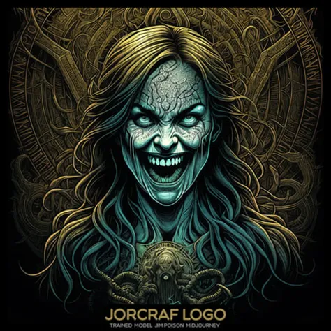 the (laughing girl:1.1) portrait, symmetrical artistic sharp art, dan mumford style, hdr, realism, dark atmosphere, lovecraft style, (JimJorCrafLogo art style:1.3)