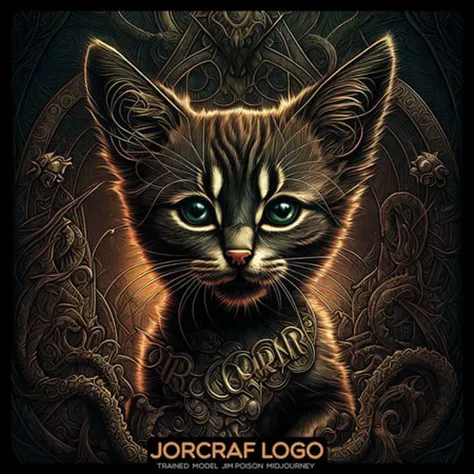 front view the (the kitten is cute one head:1.1) portrait, symmetrical artistic sharp art, (dan mumford style:1.1), hdr, realism, dark fantasy atmosphere, lovecraft style, (JimJorCrafLogo art style:1.3)
