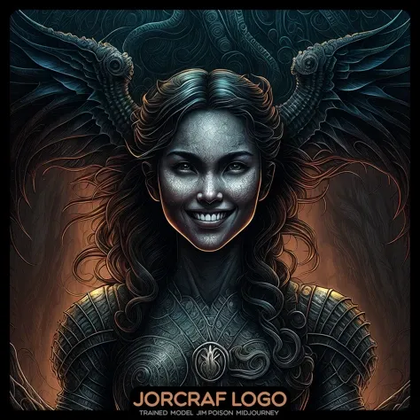 Front view one head (the A smiling girl of unknown beauty with wet hair strict office hairstyle and charming makeup:1.1) art, symmetrical artistic sharp art, (dan mumford style:1.1), hdr, realism, strong lines, dark fantasy atmosphere, lovecraft style, (JimJorCrafLogo art style:1.3)