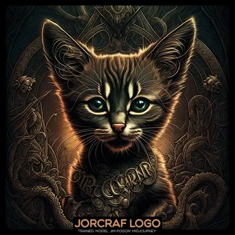 front view the (the kitten is cute one head:1.1) portrait, symmetrical artistic sharp art, (dan mumford style:1.1), hdr, realism, dark fantasy atmosphere, lovecraft style, (JimJorCrafLogo art style:1.3)