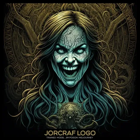 the (laughing girl:1.1) portrait, symmetrical artistic sharp art, dan mumford style, hdr, realism, dark atmosphere, lovecraft style, (JimJorCrafLogo art style:1.3)