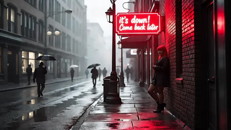 A sin city noir-style street scene drenched in rain, where a glamarous woman with red head leans against a brick wall under a flickering neon sign reading "it's down! Come back later." The high-contrast black-and-white aesthetic shows sharp, angular shadows stretching across the wet pavement, with puddles reflecting streaks of red light. The neon sign buzzes, casting an eerie glow that mixes with mist curling around the base of a lamppost. In the background, silhouettes move under umbrellas, their forms blurred by the rain. Smoke drifts from a nearby alley, adding to the tense, moody atmosphere.