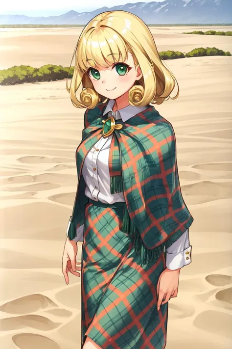 1 girl, outdoors, desert, standing, smile,
 <lora:Azure_Dreams_-_Cheryl:0.5> azurecheryl, blonde hair, green eyes, curly hair,
plaid shawl, green dress, plaid skirt, long skirt, long sleeves, brooch, white blouse,