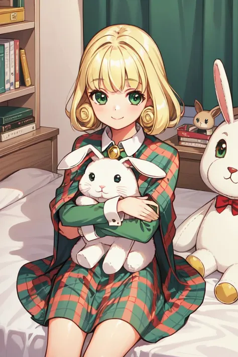 1 girl, indoors, sitting in bed, bed, smile,
 <lora:Azure_Dreams_-_Cheryl:0.5> azurecheryl, blonde hair, green eyes, curly hair,
plaid shawl, green dress, plaid skirt, long skirt, long sleeves, brooch, white blouse,
stuffed animal, stuffed rabbit, holding stuffed animal,