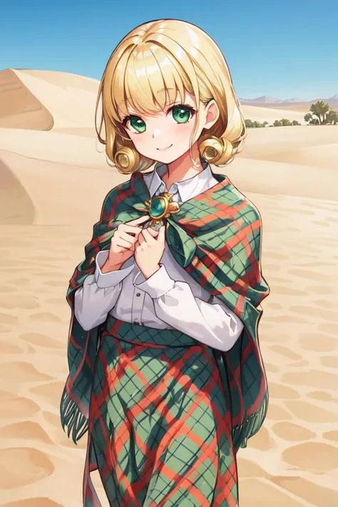 1 girl, outdoors, desert, standing, smile,
 <lora:Azure_Dreams_-_Cheryl:0.5> azurecheryl, blonde hair, green eyes, curly hair,
plaid shawl, green dress, plaid skirt, long skirt, long sleeves, brooch, white blouse,