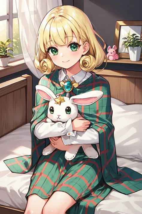 1 girl, indoors, sitting in bed, bed, smile,
 <lora:Azure_Dreams_-_Cheryl:0.5> azurecheryl, blonde hair, green eyes, curly hair,
plaid shawl, green dress, plaid skirt, long skirt, long sleeves, brooch, white blouse,
stuffed animal, stuffed rabbit, holding stuffed animal,