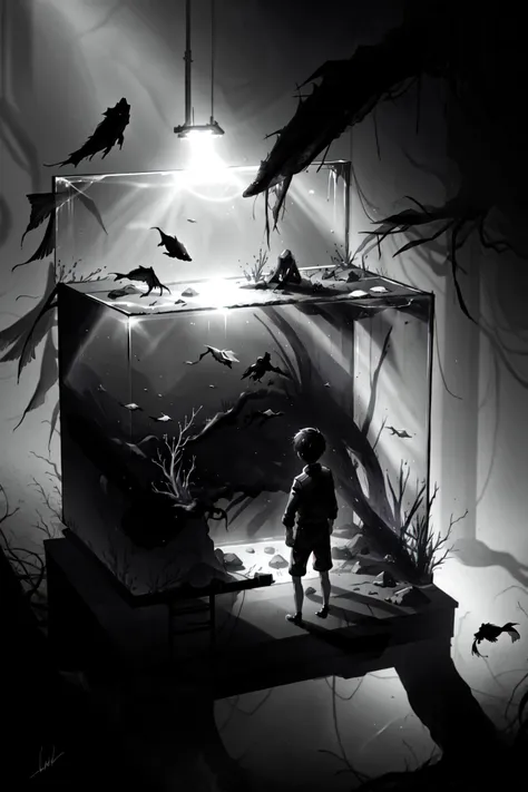 <lora:limco:1> limco style, 1boy, male focus, fish tank, submerged, liminal horror space, extreme light and shadow