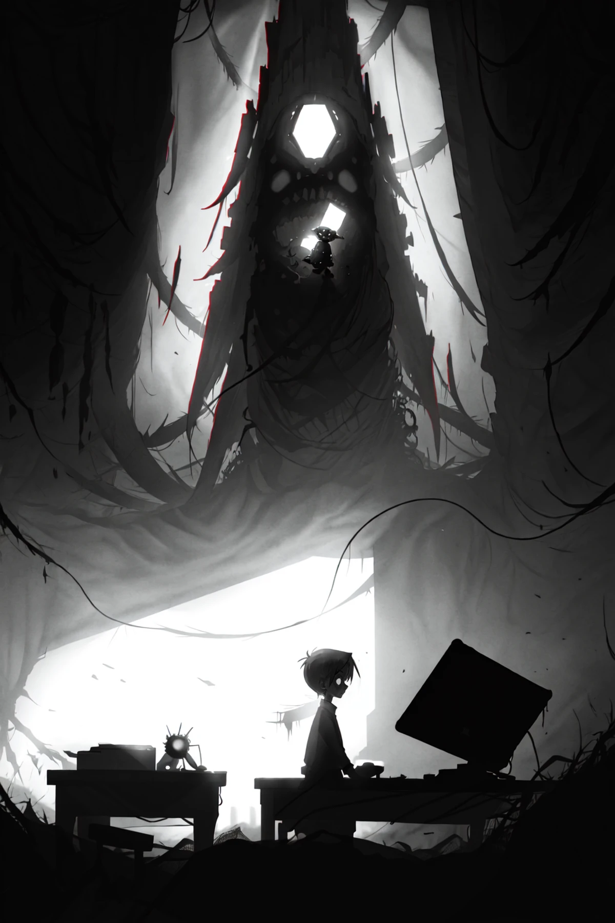 <lora:limco:1> limco style, a man streaming on twitch, indoors, bedroom, computer, playing horror games, 1920s movie style, depressive features, liminal horror space, extreme light and shadow
