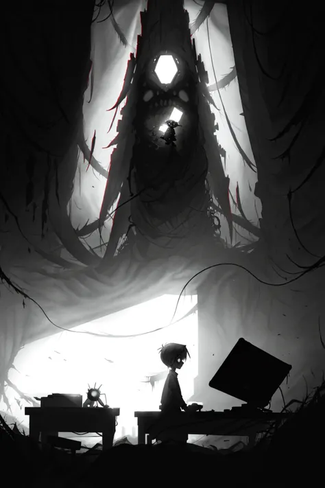 <lora:limco:1> limco style, a man streaming on twitch, indoors, bedroom, computer, playing horror games, 1920s style, depressive features, liminal horror space, extreme light and shadow