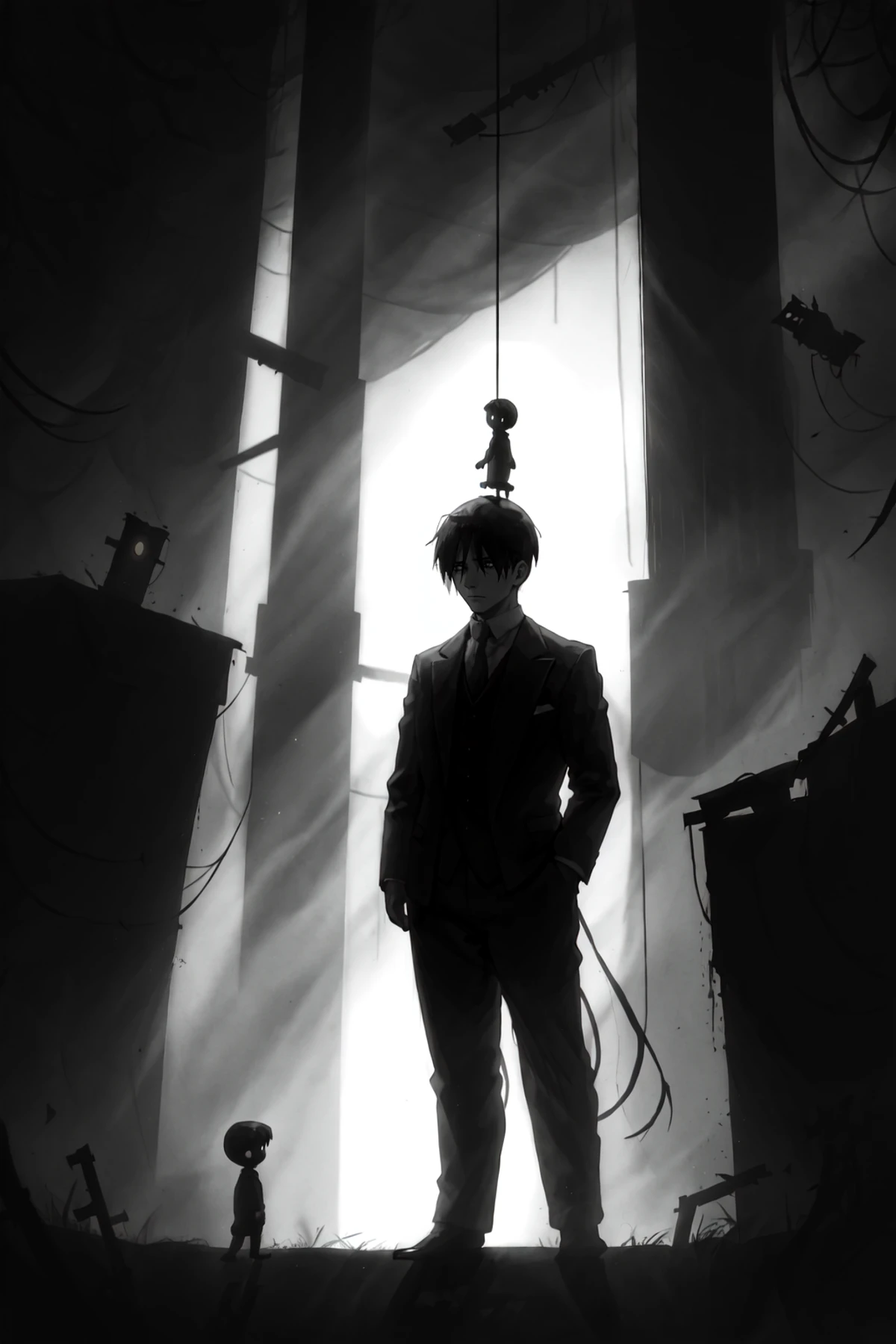 <lora:limco:1> limco style, a man standing in the gallows, 1920s movie style, depressive features, liminal horror space, extreme light and shadow