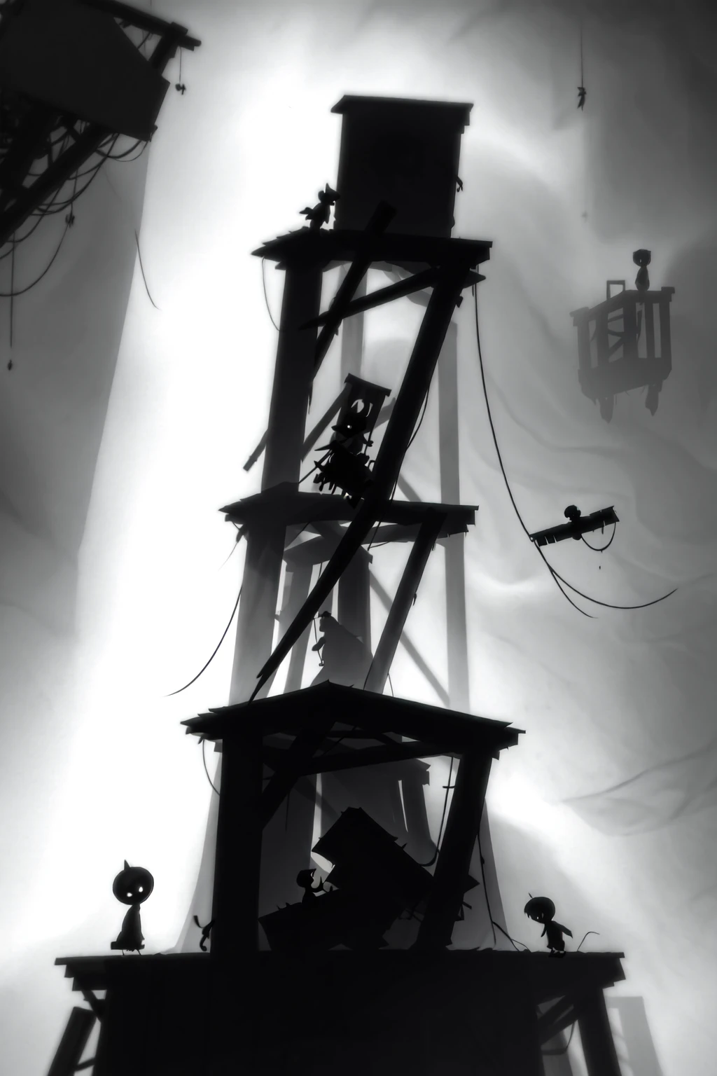 <lora:limco:1> limco style, a cat sitting on a bench in front of a wooden structure, a man standing in the gallows, depressive features, liminal horror space, extreme light and shadow