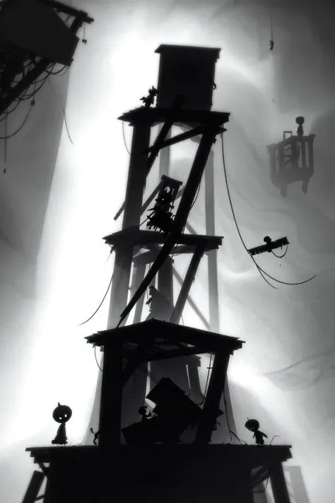 <lora:limco:1> limco style, a cat sitting on a bench in front of a wooden structure, a man standing in the gallows, depressive features, liminal horror space, extreme light and shadow
