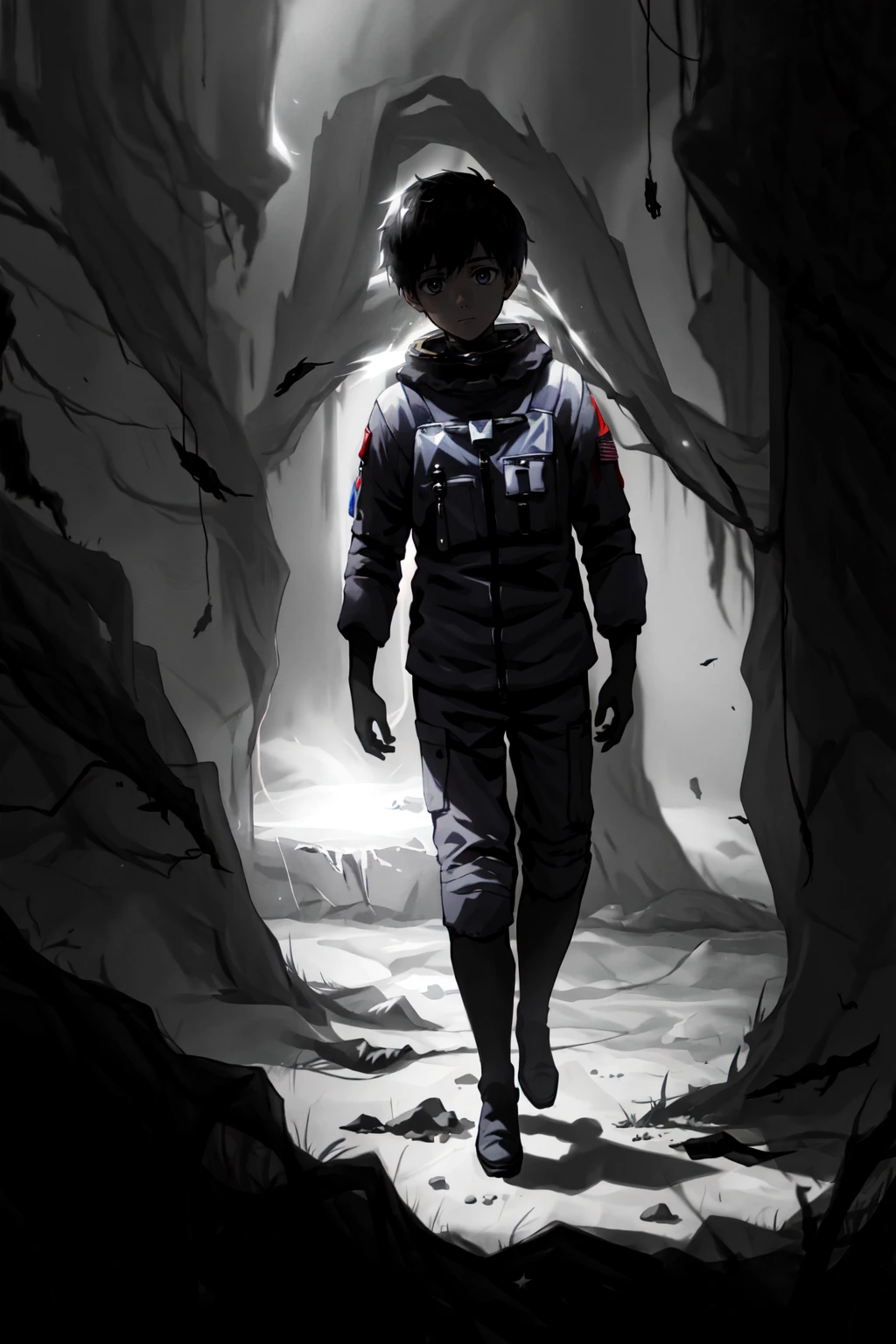 <lora:limco:1> limco style, 1boy, male focus, astronaut on the moon, depressive features, liminal horror space, extreme light and shadow