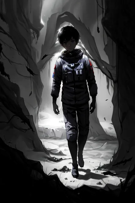 <lora:limco:1> limco style, 1boy, male focus, astronaut on the moon, depressive features, liminal horror space, extreme light and shadow