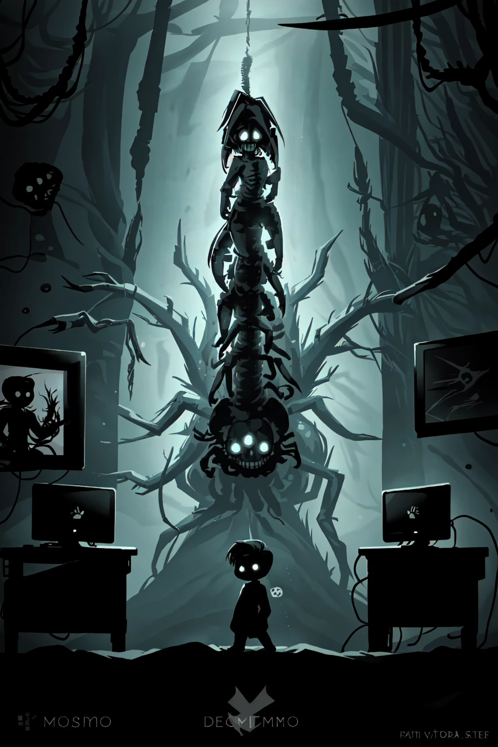 <lora:limco:1> limco style, a man streaming on twitch, indoors, bedroom, computer, playing horror games, liminal space, retro art style