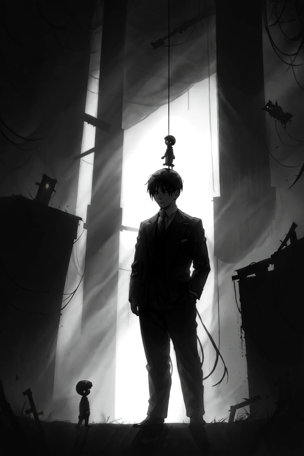 <lora:limco:1> limco style, a man standing in the gallows, 1920s movie style, depressive features, liminal horror space, extreme light and shadow