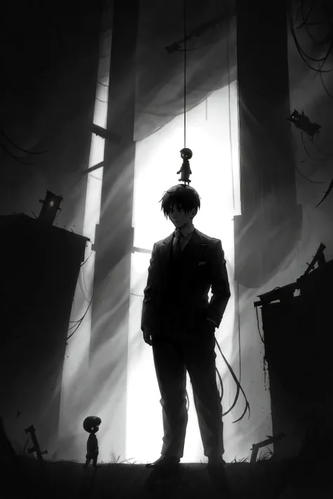 <lora:limco:1> limco style, a man standing in the gallows, 1920s style, depressive features, liminal horror space, extreme light and shadow