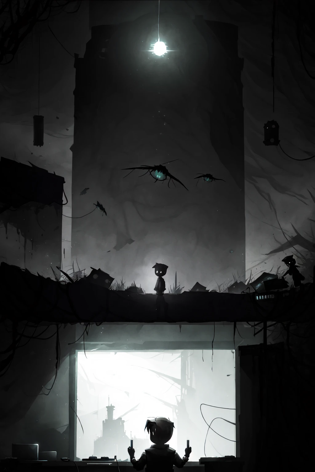 <lora:limco:1> limco style, a man streaming on twitch, indoors, bedroom, computer, playing horror games, liminal space, retro art style