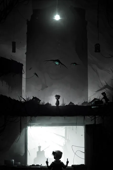 <lora:limco:1> limco style, a man streaming on twitch, indoors, bedroom, computer, playing horror games, liminal space, retro art style