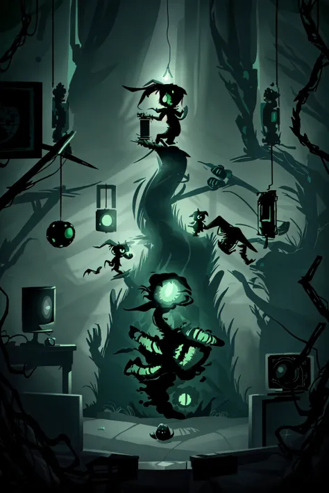 <lora:limco:1> limco style, a dark room with a giant green light, cheshire cat, indoors, bedroom, computer, playing horror games, liminal space, retro art style