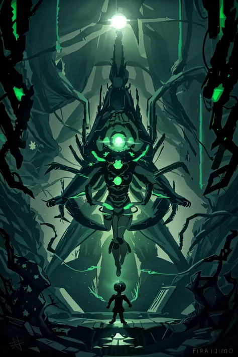 <lora:limco:1> limco style, a dark room with a giant green light, liminal space, retro art style