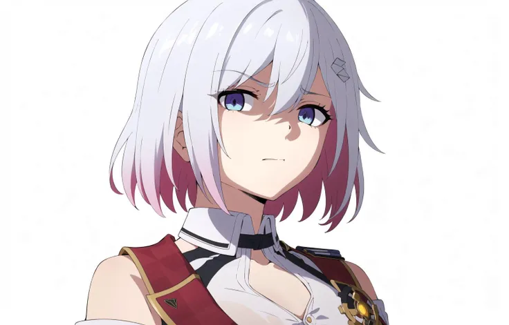 (masterpiece:1,2),best quality,extremely detailed wallpaper,perfect lighting,(pure white background:1.2),(upper_body:1.3),<lora:disgusted:1>,disgusted face,shaded_face,close_mouth,shame,looking at viewer,(eyes glow:1.1),<lora:TopazV4-10:0.8>,TopazV4,1girl,solo,shirt,hair accessory,cleavage,bare shoulders,white shirt,