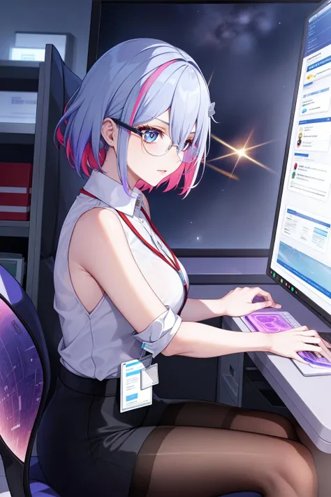masterpiece, best quality, TopazV4, 1girl, looking at pc screen, solo, hair ornament, ((OL, office lady, id card)), glasses, pantyhose, ((holographic interface:1.3)), ((concentrated, focused)), ((working, focused on pc screen)), sitting, colorful, cowboy shot, indoors, spaceship, night, professional light, from side, <lora:TopazV4-10:0.6>