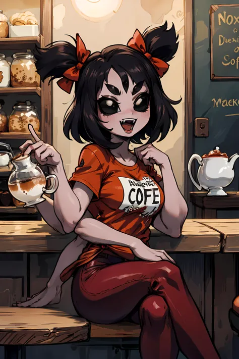 best quality, masterpiece, (((sfw))), <lora:muffetv3:0.9> 1girl, muffet, humanoid, arachnid, anthro,((fangs)),pigtails, hair bows, 5 eyes, spider girl, 6 arms, solo, open mouth, 6 hands, detailed hands, black eyes, black sclera, red t-shirt, black jeans, sitting at a coffee shop, smile,