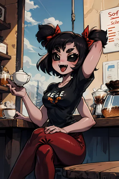 best quality, masterpiece, (((sfw))), <lora:muffetv3:0.9> 1girl, muffet, humanoid, arachnid, anthro,((fangs)),pigtails, hair bows, 5 eyes, spider girl, 6 arms, solo, open mouth, 6 hands, detailed hands, black eyes, black sclera, red t-shirt, black jeans, sitting at a coffee shop, smile, solo