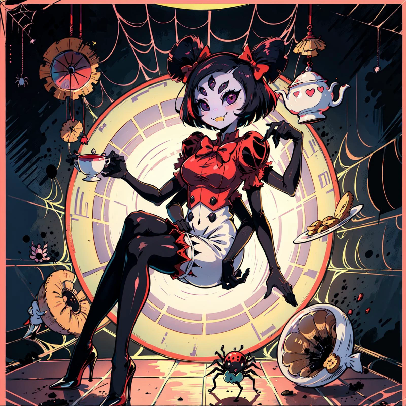 <lora:Muffet:1> <lora:Uekura:1> uekura, masterpiece, best quality, a beautiful and detailed portrait of muffet,Framed Shot, Picturesque, Tarot Card, White Background,Character Popping Out Of Background, (muffetwear), monster girl,((purple body:1.3)),humanoid, arachnid, anthro,((fangs)),pigtails,hair bows,5 eyes,spider girl,6 arms,solo,smile, awesome and detailed background, holding teapot, holding teacup,(( 6 arms, detailed arms)):1.4, ((spider webs:1.4)), storefront that sells pastries and tea,bloomers,(red and black clothing), inside, pouring into teacup, wide angle lens, ((fish eye effect)) ,armwear, bow, book, mushroom, dress, smile, hair bow, heart, cookie, flower, ((bloomers)), candy, tea, pink eyes, clock, heart (shape), shoes, watch, staff, polka dot, <lora:Lineart:1.2>, <lora:Squeezer:1>, <lora:FromBelow:1>