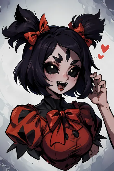 best quality, masterpiece, (((sfw))), <lora:muffetv3:0.9> 1girl, muffetwear, muffet, humanoid, arachnid, anthro,((fangs)),pigtails, hair bows, 5 eyes, spider girl, 6 arms, solo, open mouth, 6 hands, detailed hands, bust shot, black eyes, black sclera,