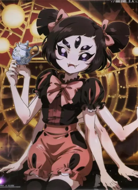 ((best quality)), ((highly detailed)), masterpiece, ((official art)), (detailed eyes, deep eyes), (1girl:1.33, solo), <lora:muffet_v1:1>, muffet(Undertale), muffetwear, 5 eyes, spider girl, (6 arms), detailed hands, ((fangs)), purple eyes, ((purple colored skin:1)), pigtails, :), ((spider webs)), <lora:esthetic90sStyle_90sv1:.55>