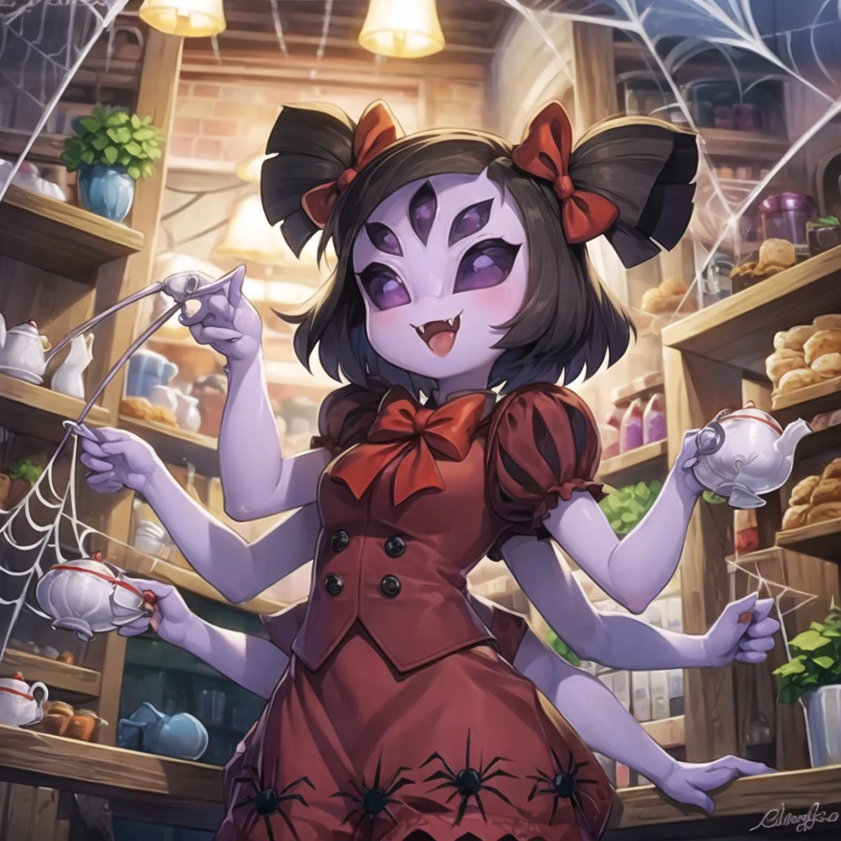 masterpiece, best quality, a beautiful and detailed portriat of muffet, monster girl,((purple body:1.3)),humanoid, arthropod, anthro,((fangs)),pigtails,hair bows,5 eyes,spider girl,6 arms,solo,smile, clothed, open mouth, awesome and detailed background, holding teapot, holding teacup, 6 hands,detailed hands,((spider webs:1.4)), storefront that sells pastries and tea,bloomers,(red and black clothing),inside,pouring into teacup
<lora:muffet v1-000007:1>