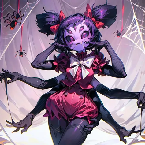 highres, sharp focus,((intricate details)), highly detailed,<lora:Style-add_detail:1>,HD quality, (best quality), ((masterpiece)), vibrant colors, 1girl,muffet,(muffetwear), monster girl,((purple body:1.3)),humanoid, arachnid, anthro,((fangs)),pigtails,hair bows,5 eyes,spider girl,6 arms,solo,clothed,6 hands,detailed hands,((spider webs:1.4)),bloomers,red and black clothing, armwear,
<lora:muffetv3:1>