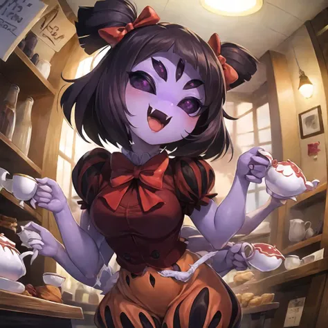 masterpiece, best quality, a beautiful and detailed portriat of muffet, monster girl,((purple body:1.3)),humanoid, arachnid, anthro,((fangs)),pigtails,hair bows,5 eyes,spider girl,6 arms,solo,smile, clothed, open mouth, awesome and detailed background, holding teapot, holding teacup, 6 hands,detailed hands,((spider webs:1.4)), storefront that sells pastries and tea,bloomers,(red and black clothing),inside,pouring into teacup,muffetwear,wide angle lens, fish eye effect,
<lora:muffetv2-000007:1>